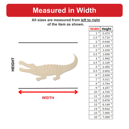 The image is a wood carving of a crocodile, and it is being measured in width. The image is accompanied by a table that provides the widths of the crocodile in inches, ranging from 0.5 to 0.16.