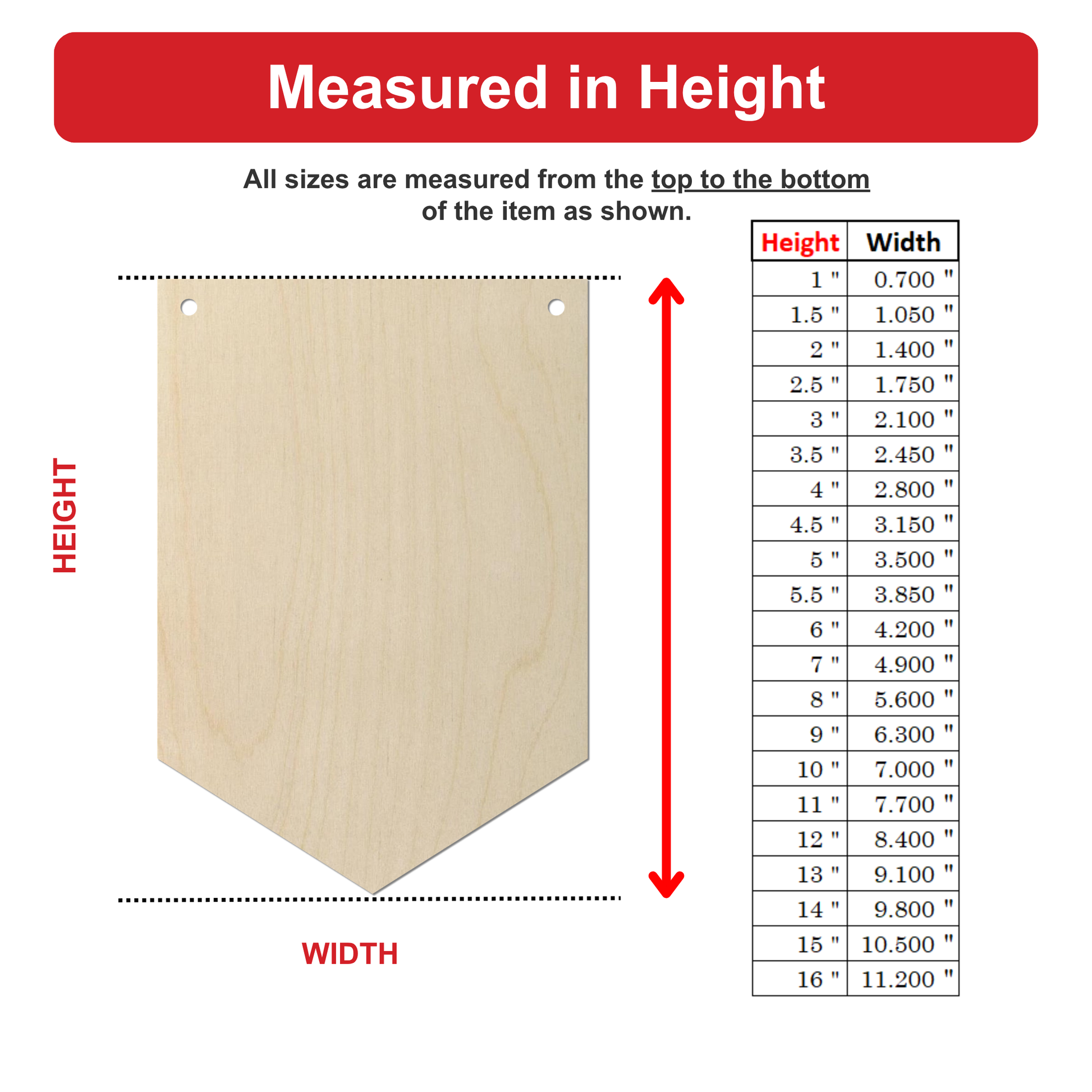 The image is a detailed diagram that provides measurements for various sizes of a wooden banner. It includes a table with height and width measurements for different sizes, and a vertical red arrow pointing to the height of the banner. The image is a collage of multiple images, and the text is concise and avoids redundancy.