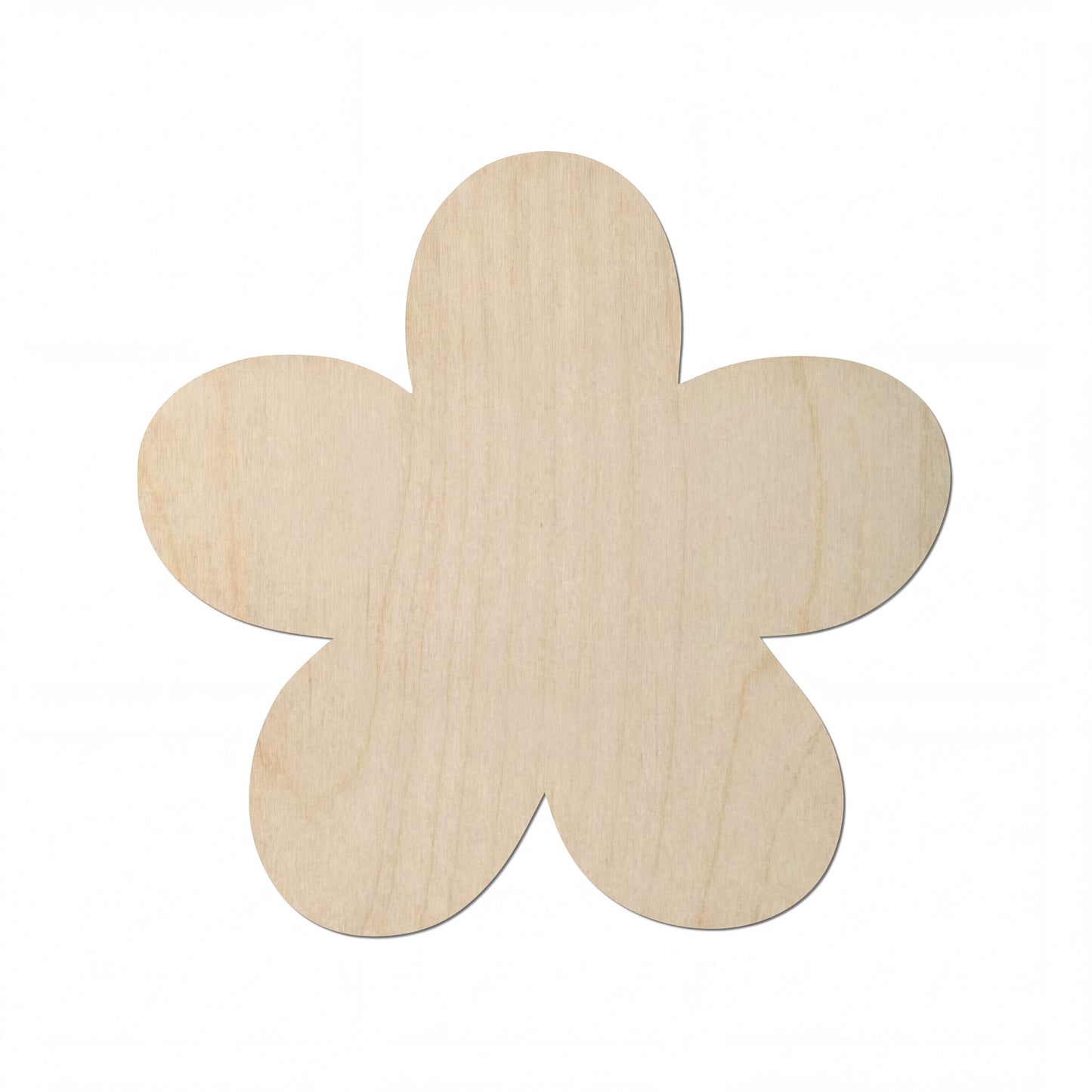 A simple, light-colored wooden flower shape is shown against a white background.