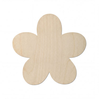 A simple, light-colored wooden flower shape is shown against a white background.
