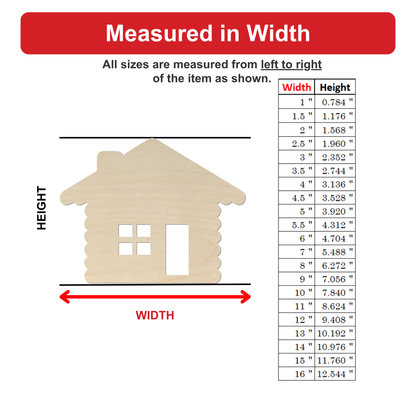 The image is a wood house with a table of measurements next to it, indicating the width of the house in inches.