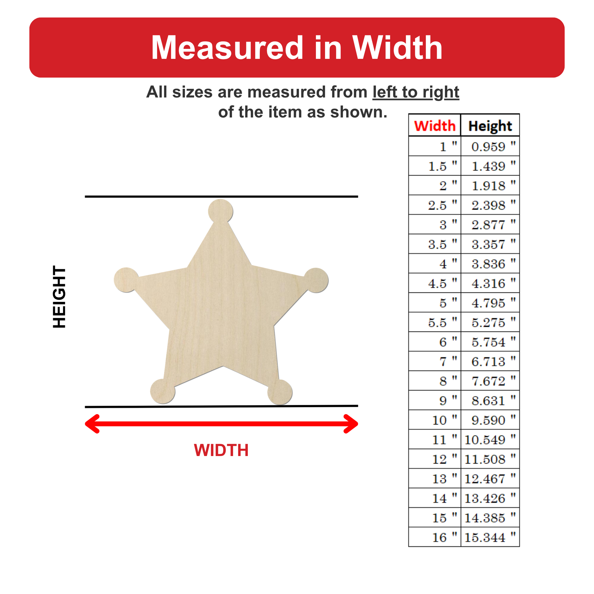 The image is a detailed diagram that measures the width of a wooden star-shaped object. It provides a scale for the width in inches and includes a table with corresponding widths and heights. The diagram is designed to provide a clear visual representation of the object's dimensions.