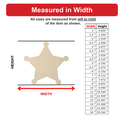 The image is a detailed diagram that measures the width of a wooden star-shaped object. It provides a scale for the width in inches and includes a table with corresponding widths and heights. The diagram is designed to provide a clear visual representation of the object's dimensions.