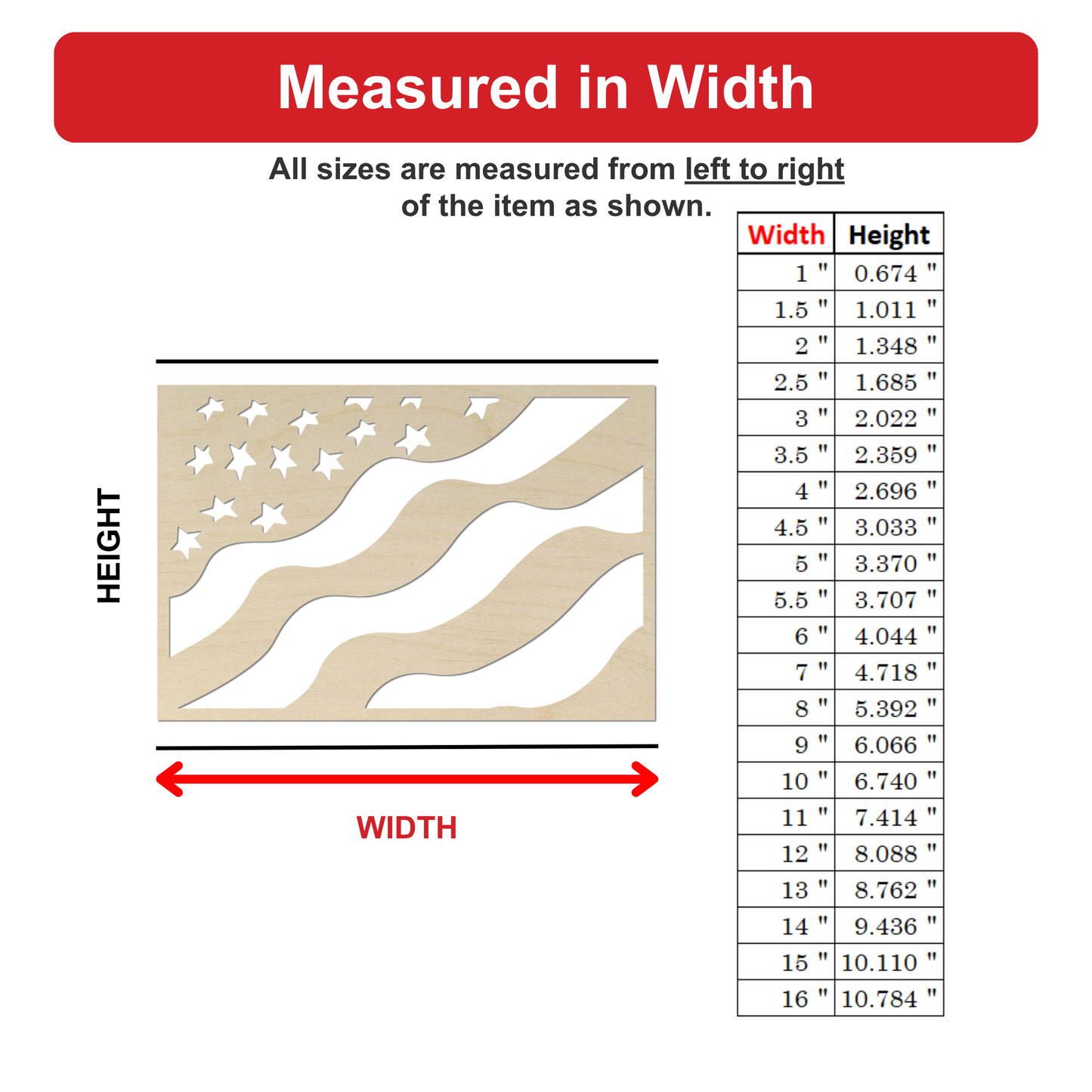 The image is a detailed guide or instructions for measuring the width of an item, with a table and a diagram showing the measurements for different sizes of the item.