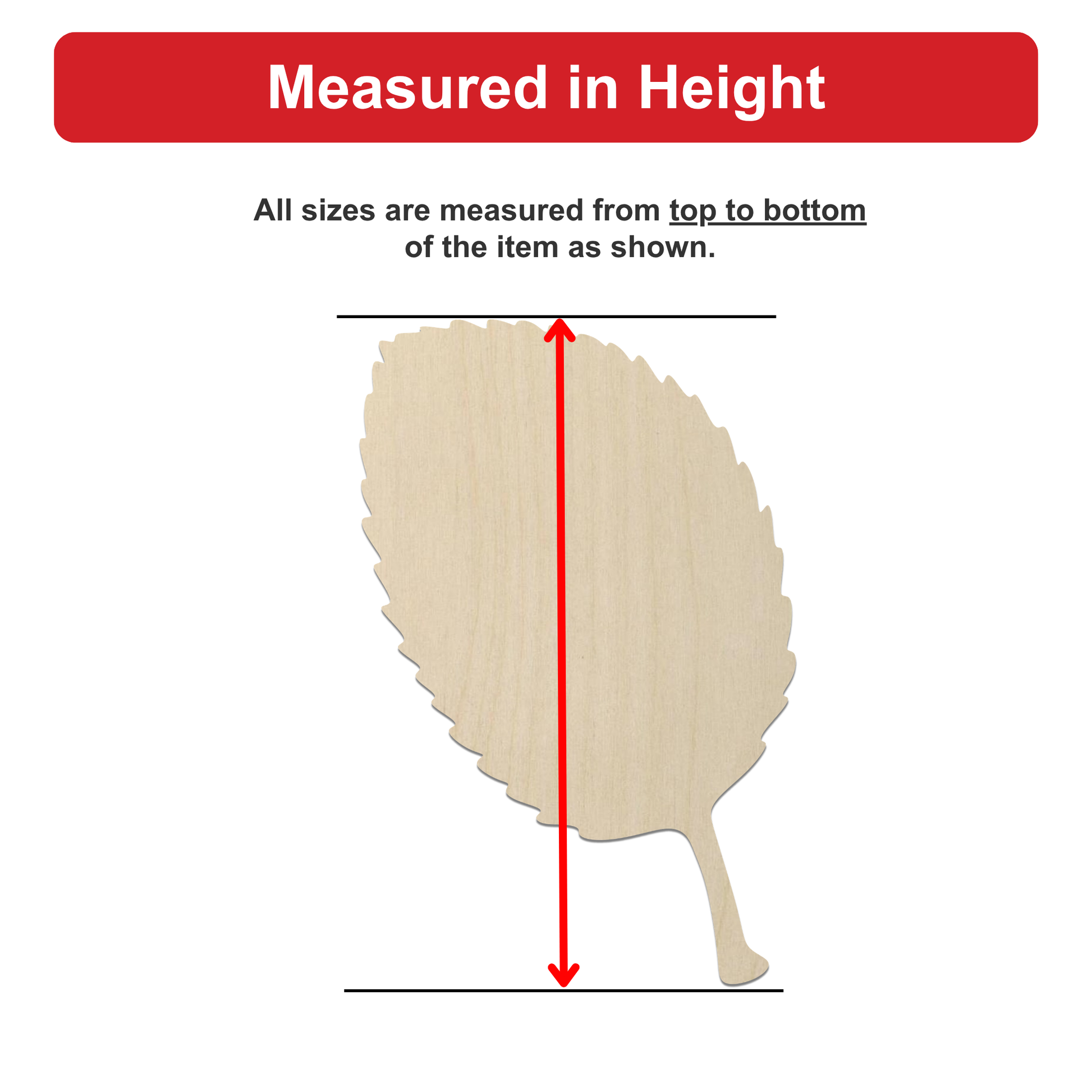 a wooden leaf with a red line extending from the top to the bottom of the leaf, indicating that all sizes are measured from top to bottom of the item shown.