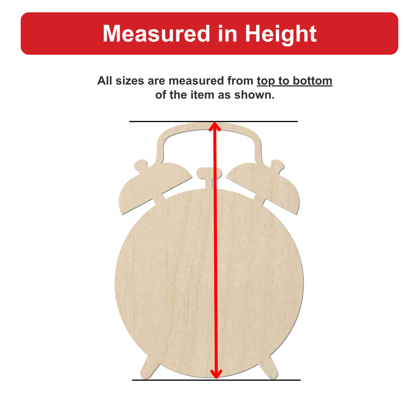 a wooden clock with a red line extending from the top to the bottom of the clock, indicating the measurement of the clock's height.