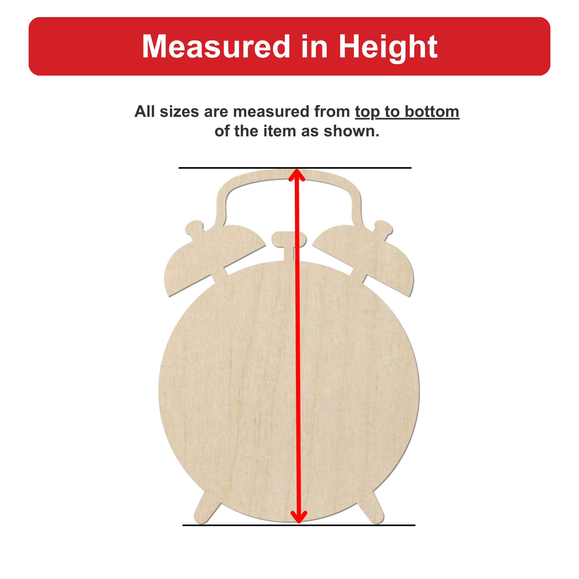 a wooden clock with a red line extending from the top to the bottom of the clock, indicating the measurement of the clock's height.