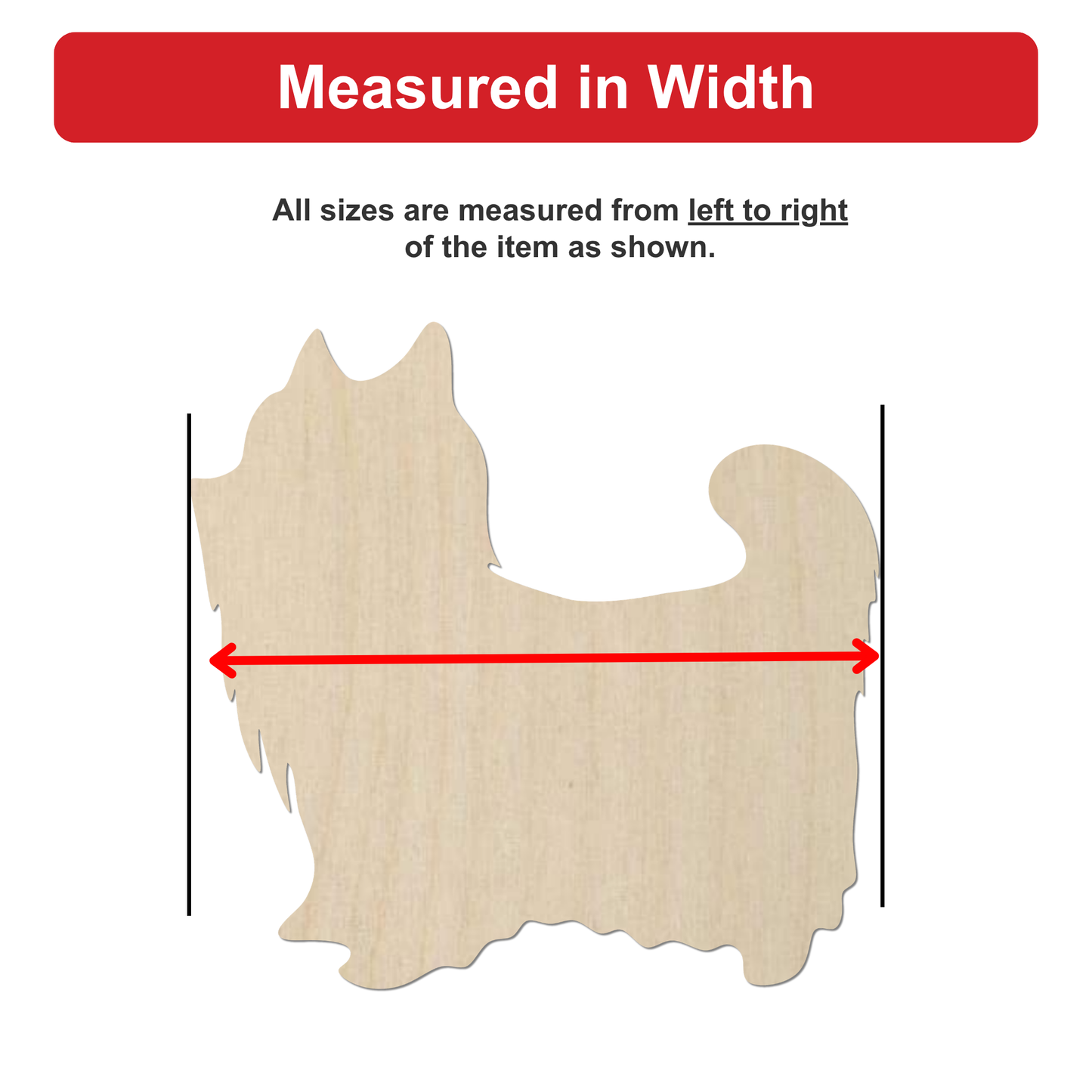 a wooden silhouette of a dog, with measurements drawn on it to indicate its width.
