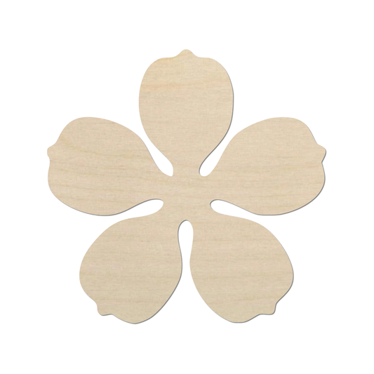 A simple, light-colored wooden flower shape against a white background.