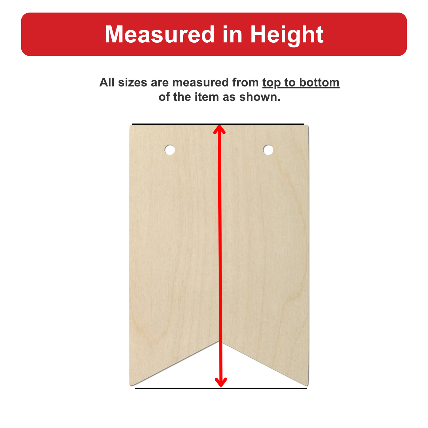 a wooden object, possibly a banner or a piece of paper, with measurements drawn on it. The object is shown from top to bottom, and the measurements are drawn using a red line.