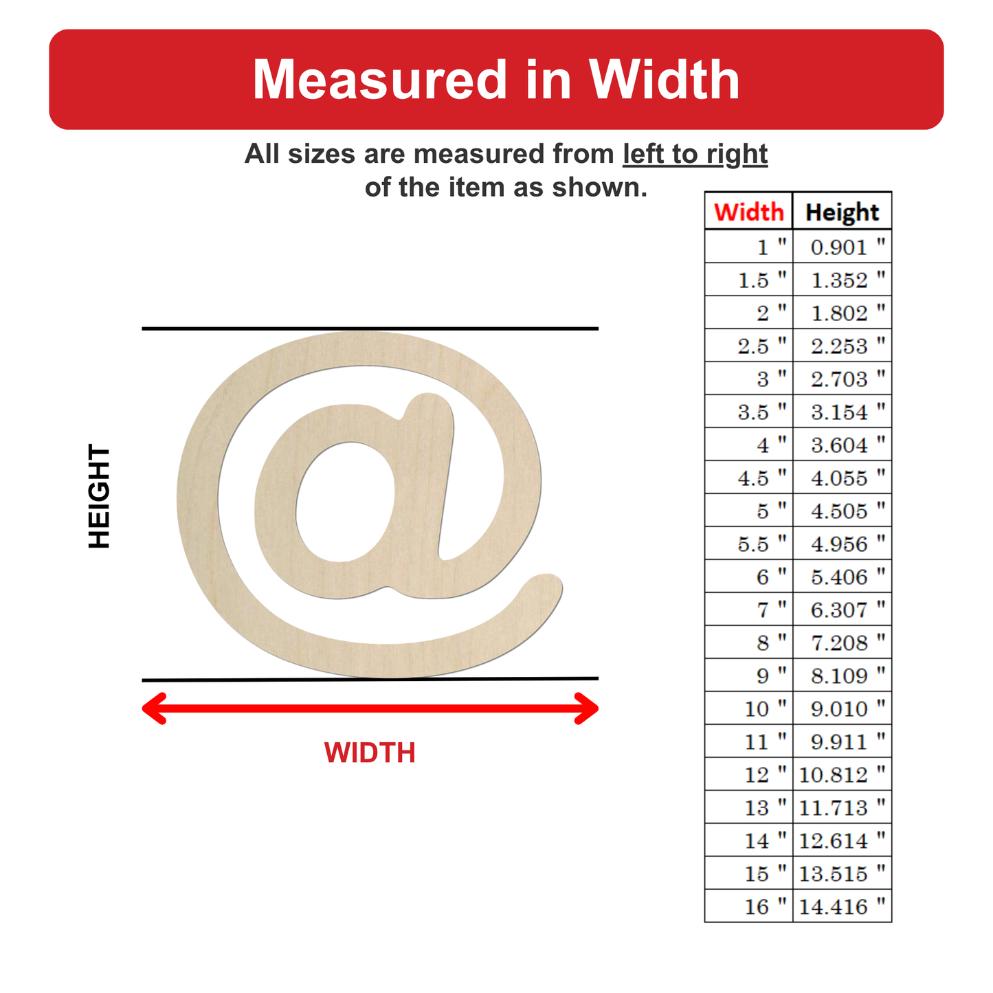 a wooden symbol, likely an @ or a similar symbol, with measurements provided in inches. The symbol is shown in various sizes, ranging from 2.5 to 16.15 inches. The image is a collection of different sizes of the symbol, and it is not a single image but a series of images that collectively represent the symbol's measurements.