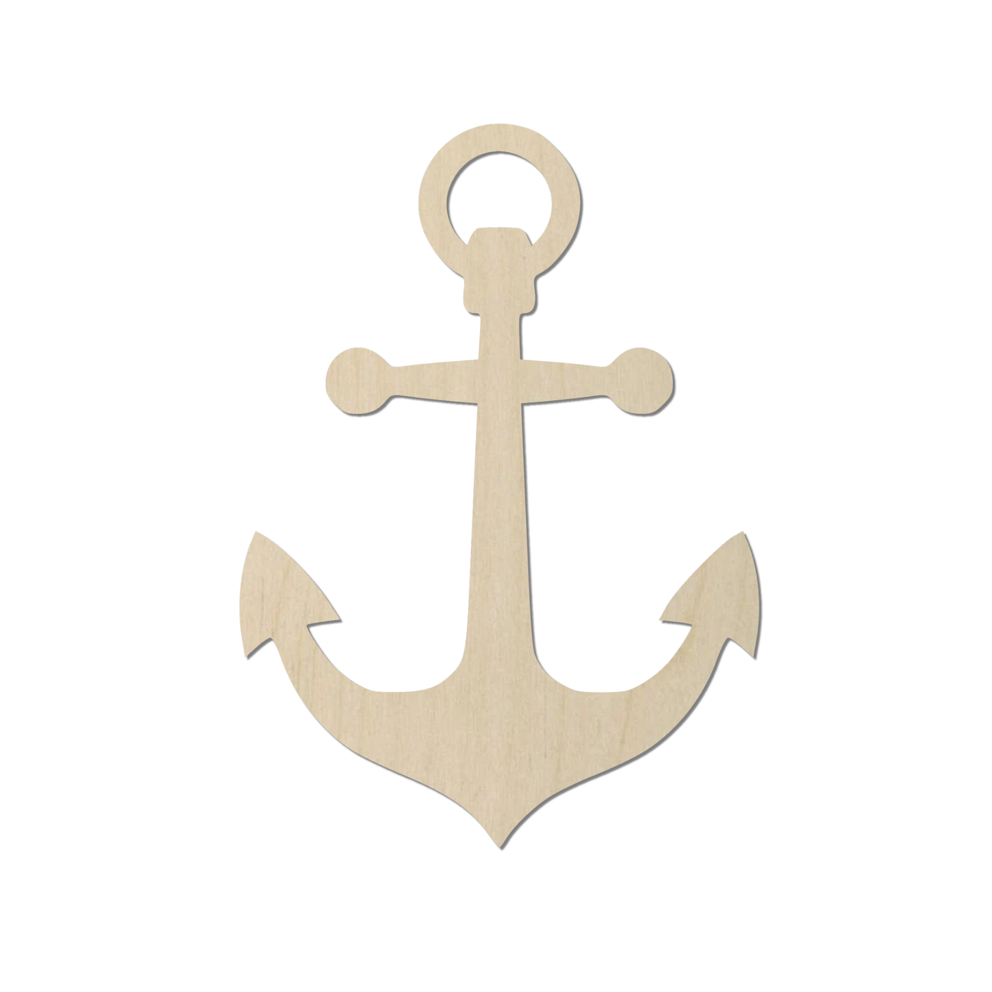 A wooden anchor with two fluke-like points and a circular loop at the top.