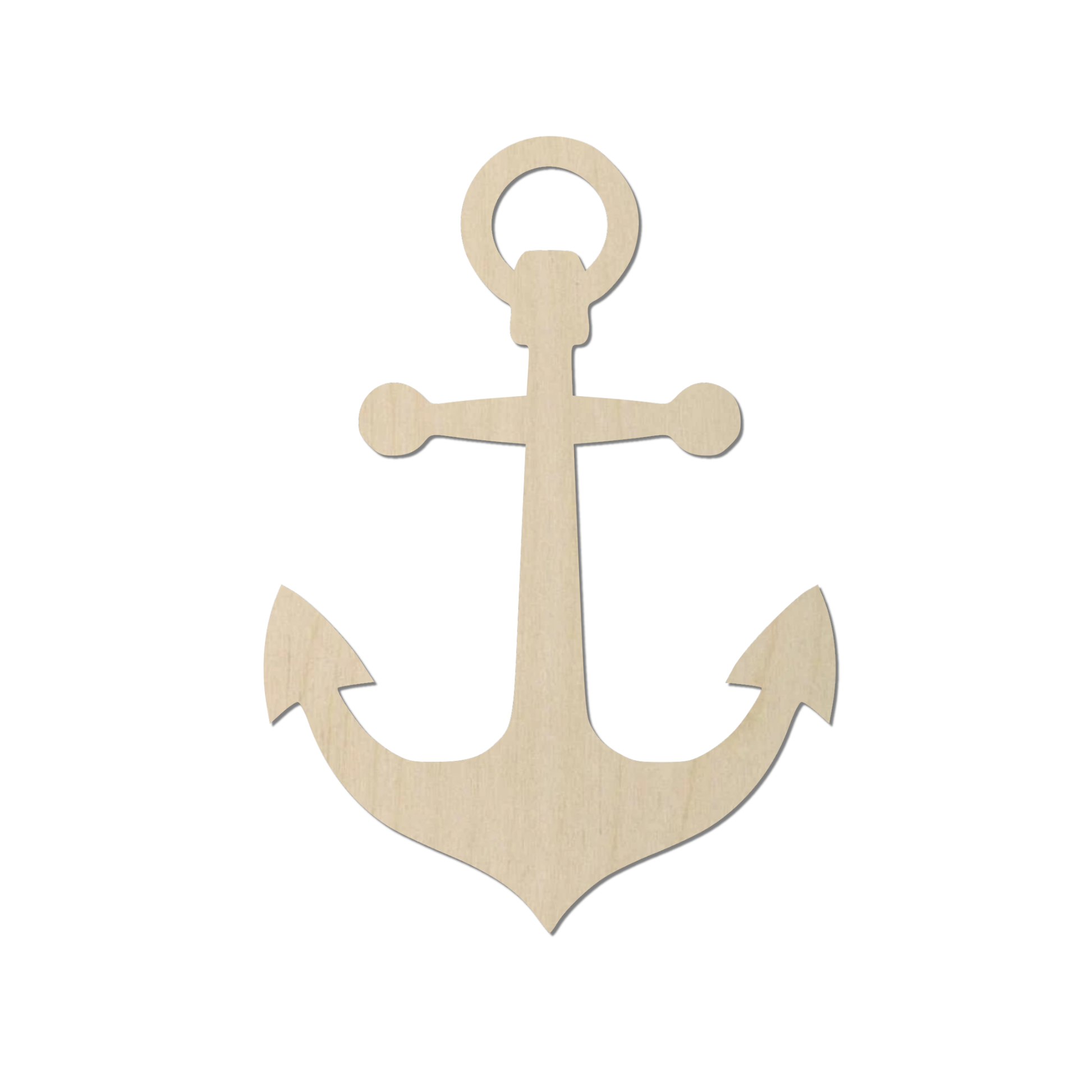 A wooden anchor with two fluke-like points and a circular loop at the top.