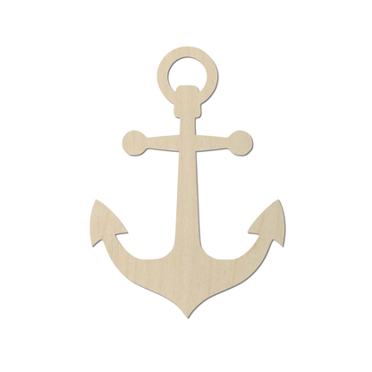 A wooden anchor with two fluke-like points and a circular loop at the top.