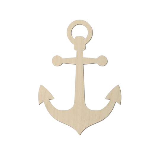 A wooden anchor with two fluke-like points and a circular loop at the top.