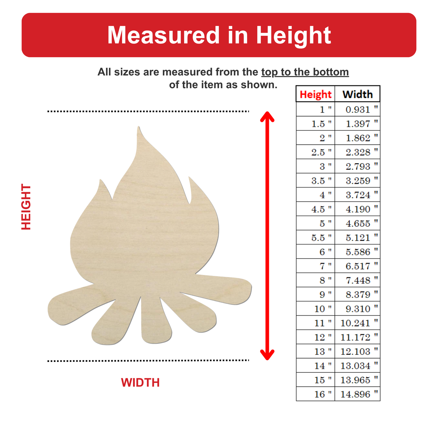 The image is a diagram that shows the relationship between the height and width of an item, with a fire-like shape representing the item. The diagram provides a visual representation of how the height and width are measured, with the height being measured from the top to the bottom of the item, and the width being measured from the bottom to the top of the item.