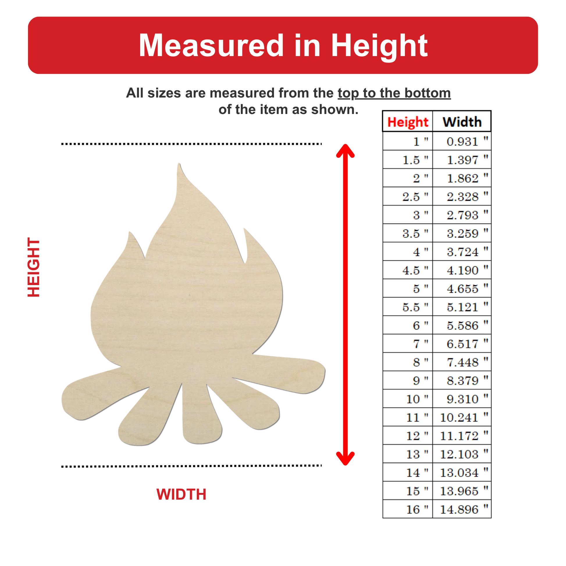 The image is a diagram that shows the relationship between the height and width of an item, with a fire-like shape representing the item. The diagram provides a visual representation of how the height and width are measured, with the height being measured from the top to the bottom of the item, and the width being measured from the bottom to the top of the item.