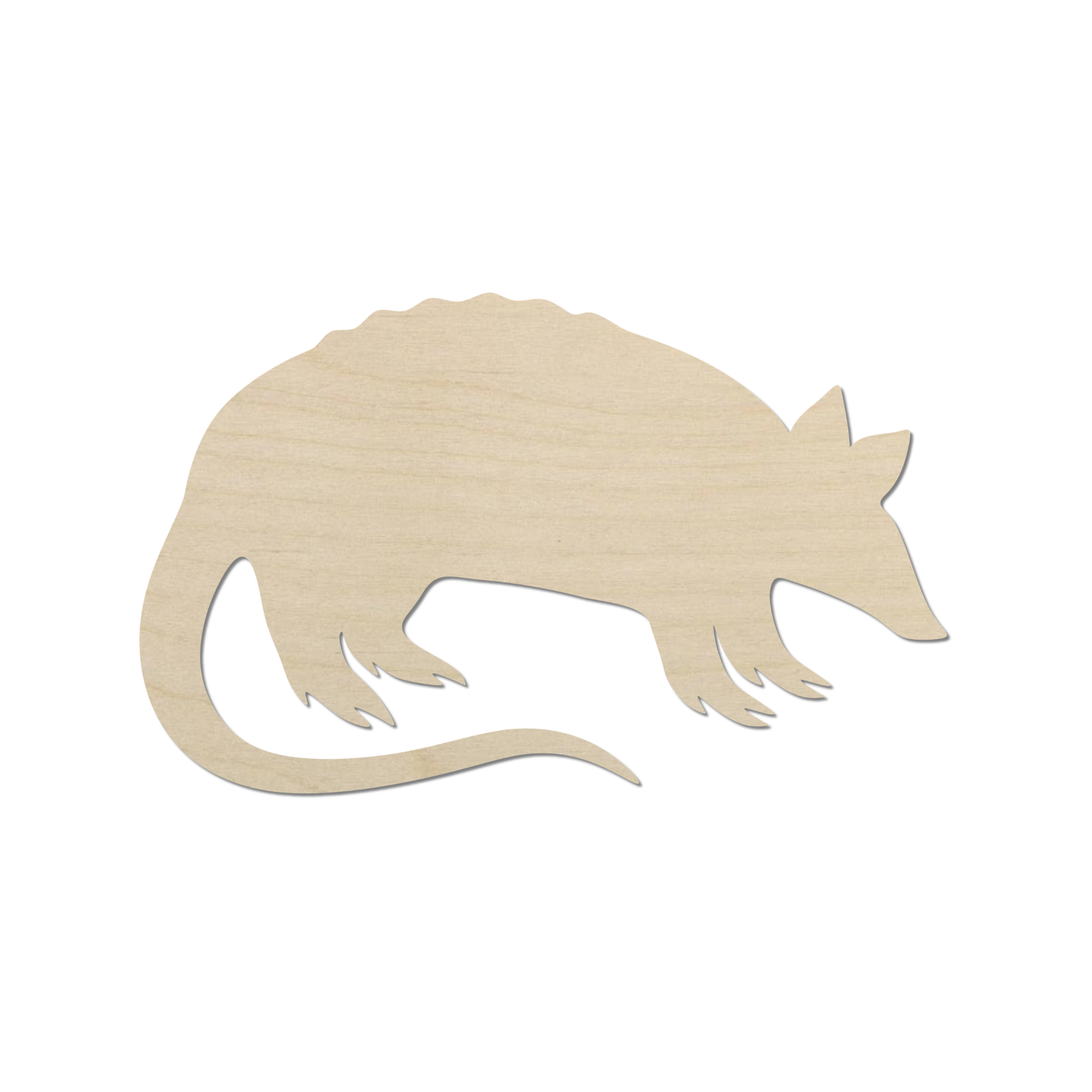 A simple wooden silhouette of a cat or small animal.