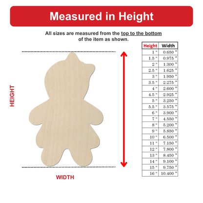 The image is a wooden toy or figurine, and it is being measured in height. The toy is shown in various sizes, ranging from 1.5 to 16.0 inches tall. The image provides a visual representation of the toy's dimensions, allowing for easy comparison and understanding of the toy's size.