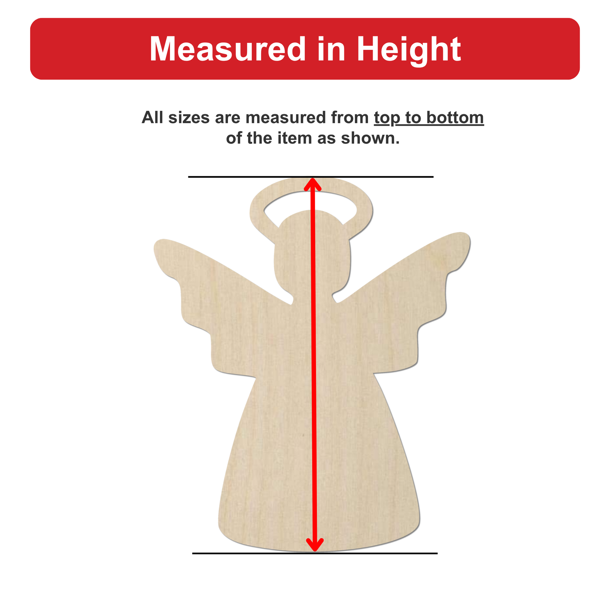 a wooden angel figure, with measurements provided in inches.