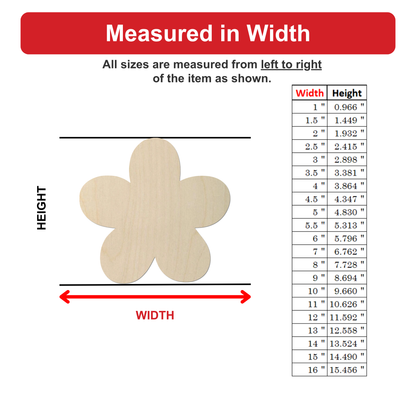 The image is a diagram that shows the measurements of a wooden object, specifically a flower-shaped object, along with a table of corresponding widths and heights.