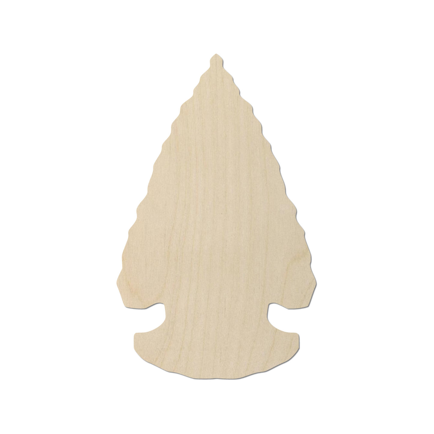 A simple, light-colored wooden arrowhead shape.