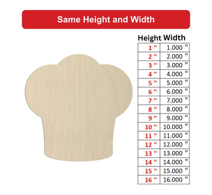 a wooden chef's hat with a table below it providing measurements for different heights and widths.