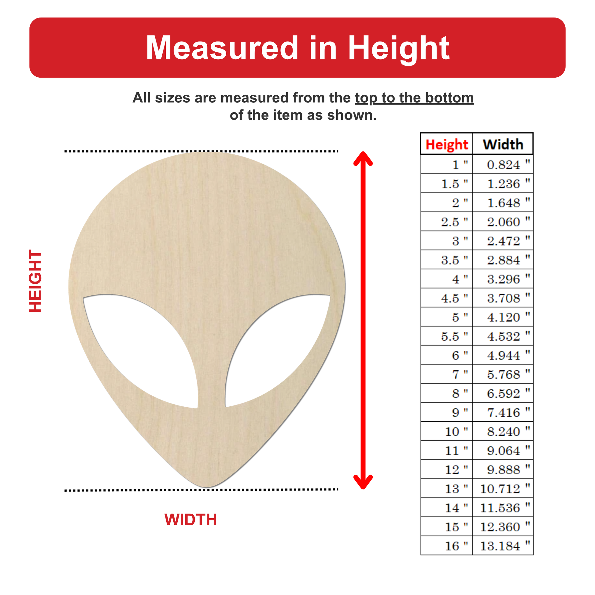 The image is a wood alien head with a table of measurements next to it, indicating the height and width of the alien head in inches.