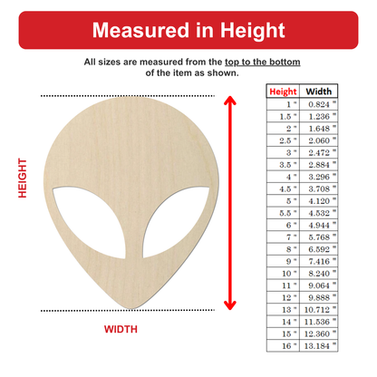 The image is a wood alien head with a table of measurements next to it, indicating the height and width of the alien head in inches.