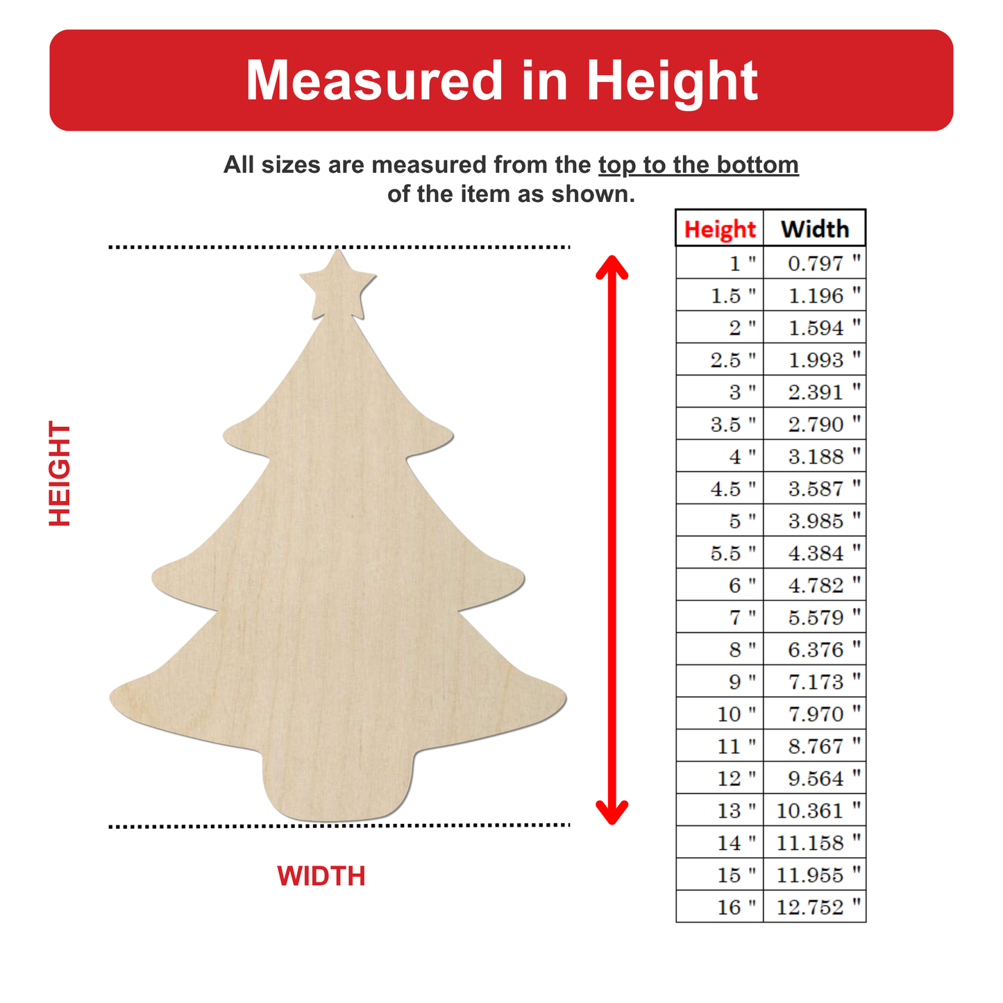 The image is a wooden Christmas tree with a table of measurements next to it, indicating the height and width of the tree in inches.