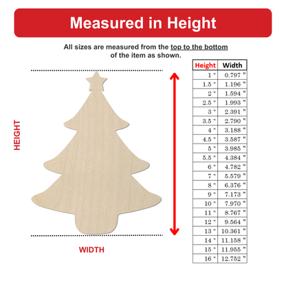 The image is a wooden Christmas tree with a table of measurements next to it, indicating the height and width of the tree in inches.