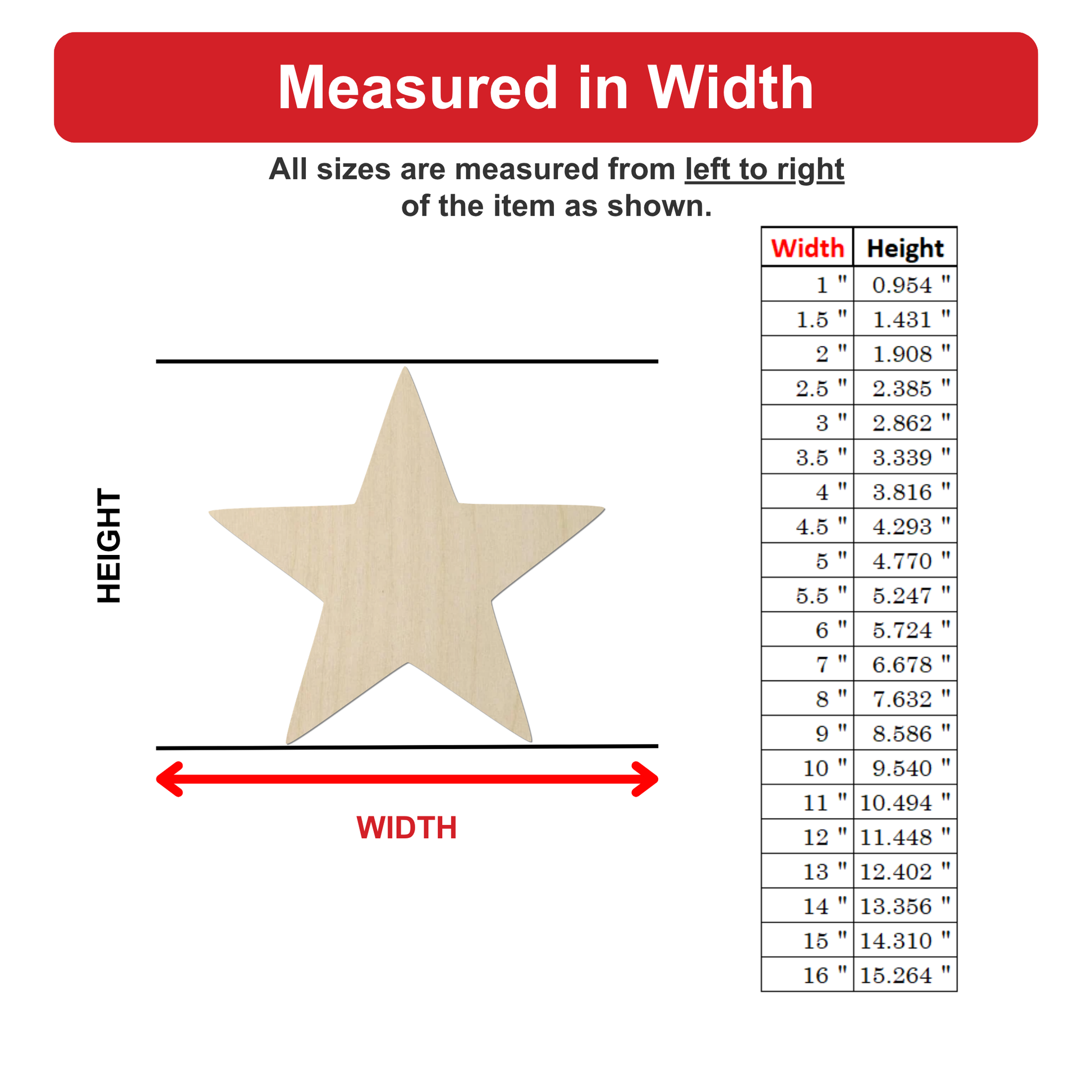 a wooden star-shaped object, and it is described in terms of its width and height.
