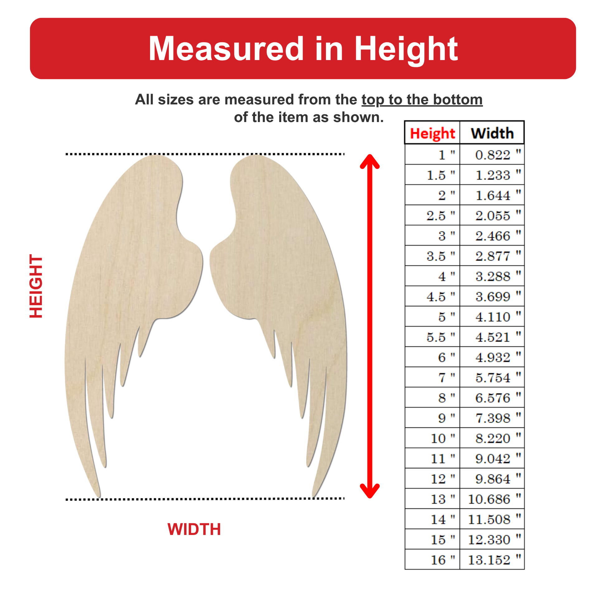 The image is a diagram that shows the measurements of a pair of wings, with the wings depicted in a wooden or fabric material. The diagram includes a table with height and width measurements for each wing, and a red arrow pointing to the wings.
