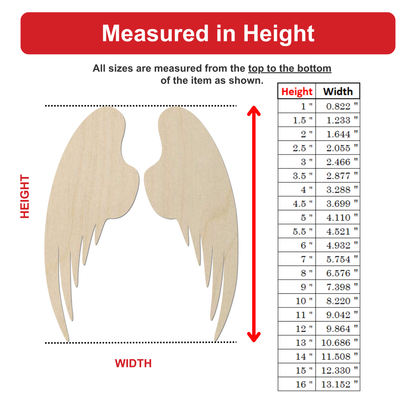 The image is a diagram that shows the measurements of a pair of wings, with the wings depicted in a wooden or fabric material. The diagram includes a table with height and width measurements for each wing, and a red arrow pointing to the wings.