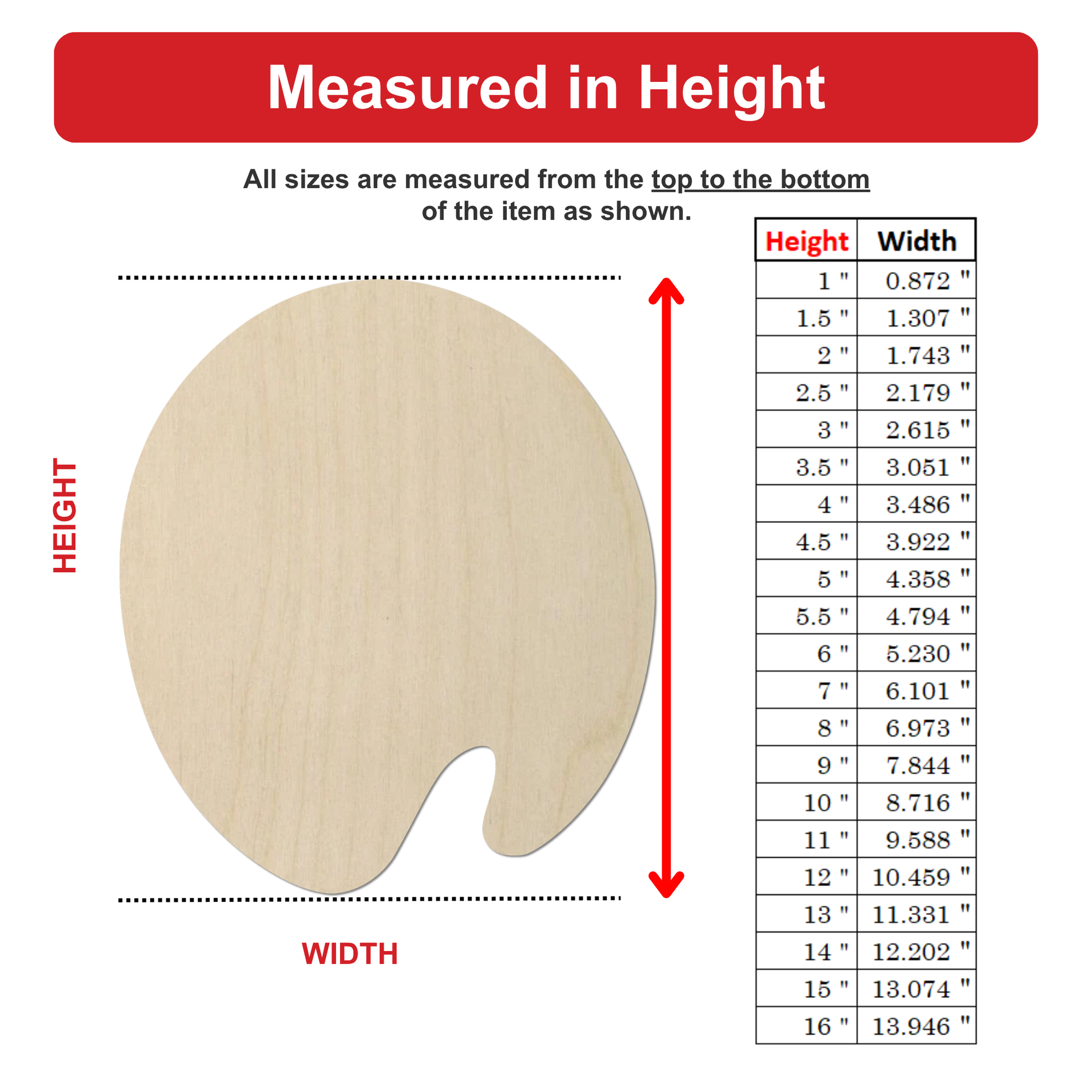 The image is a diagram that shows the dimensions of a wooden object, likely a paintbrush, with a table below it. The diagram includes a large circle representing the object and a table with various measurements and corresponding widths.