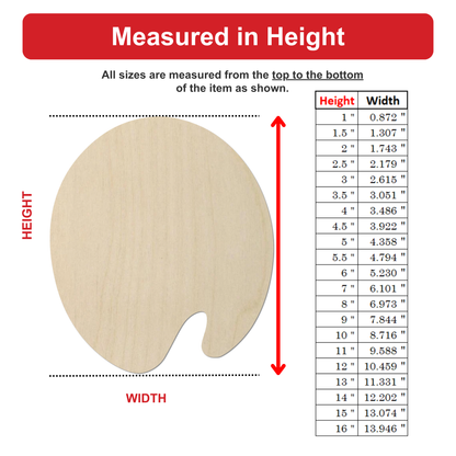 The image is a diagram that shows the dimensions of a wooden object, likely a paintbrush, with a table below it. The diagram includes a large circle representing the object and a table with various measurements and corresponding widths.