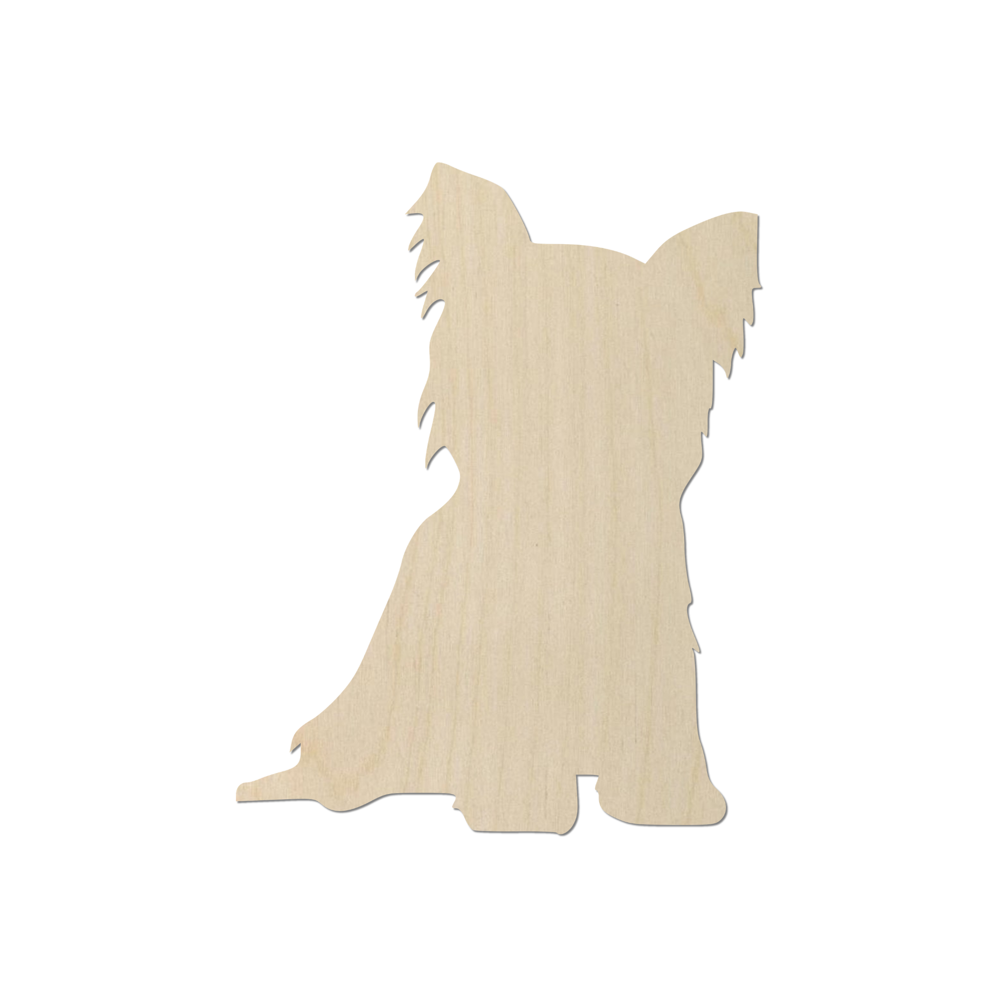 A wooden silhouette of a dog sitting on its hind legs.
