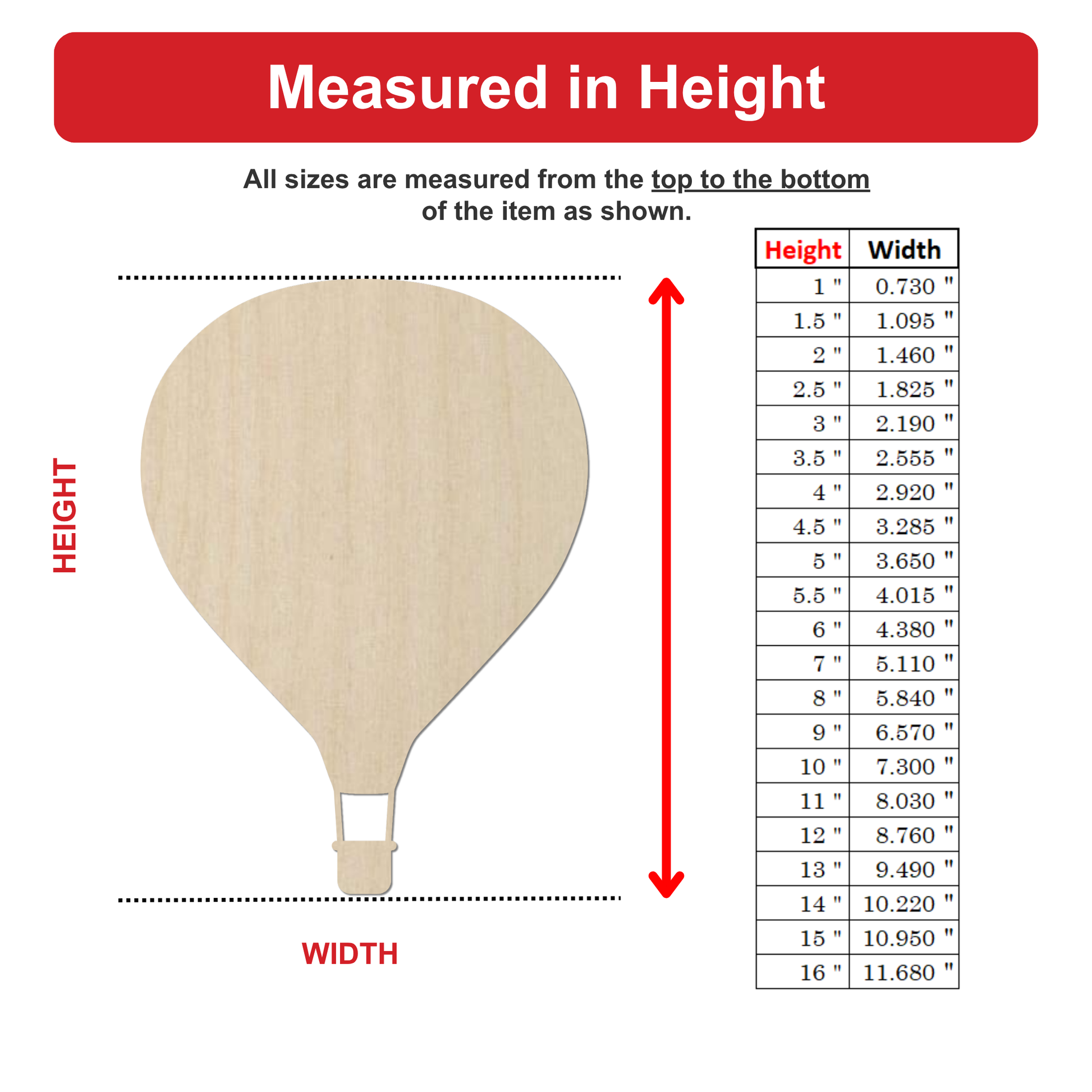 The image is a diagram that shows the dimensions of a wooden hot air balloon, with the height and width measurements listed in inches.