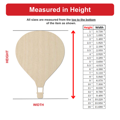 The image is a diagram that shows the dimensions of a wooden hot air balloon, with the height and width measurements listed in inches.
