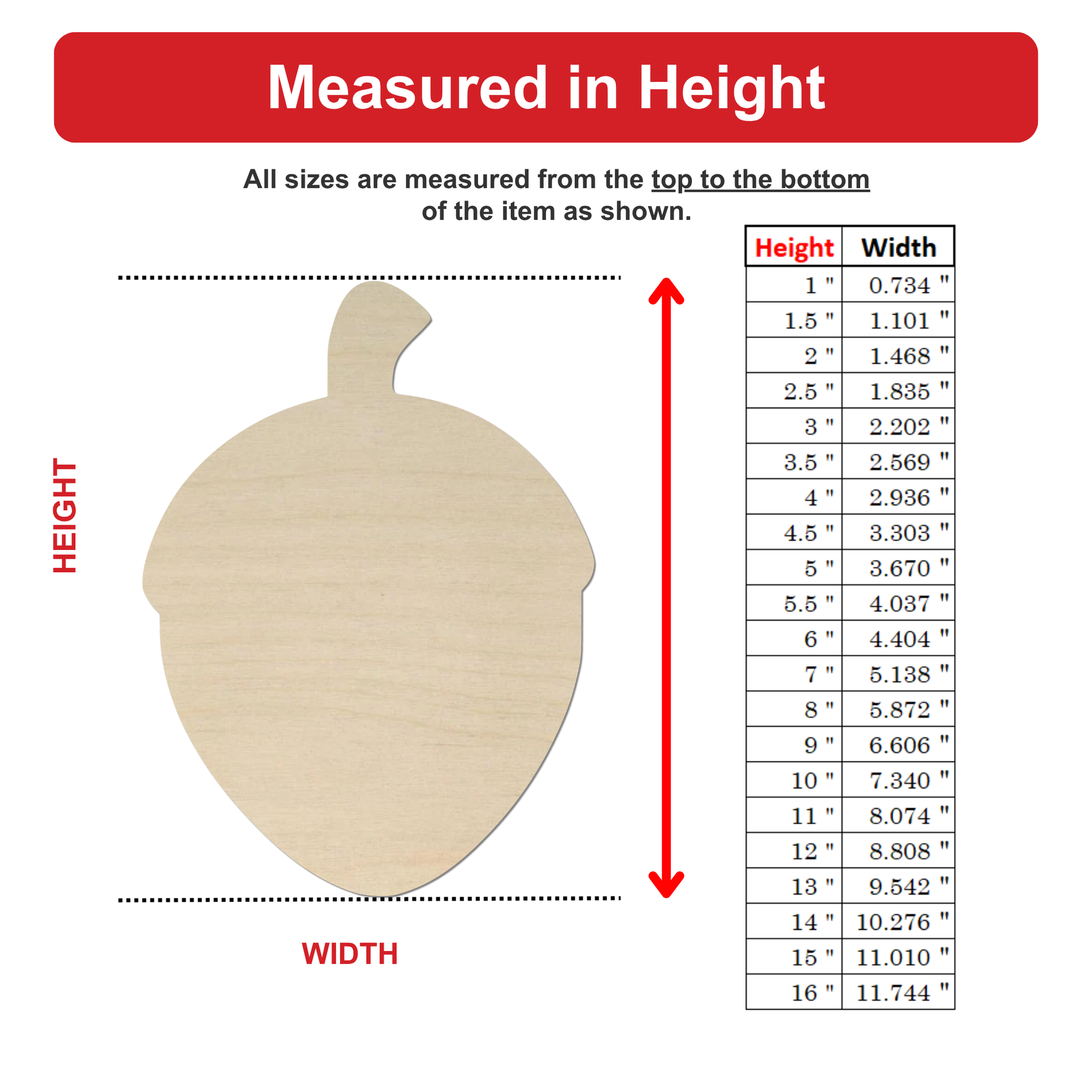 The image is a wooden acorn with measurements listed below it.