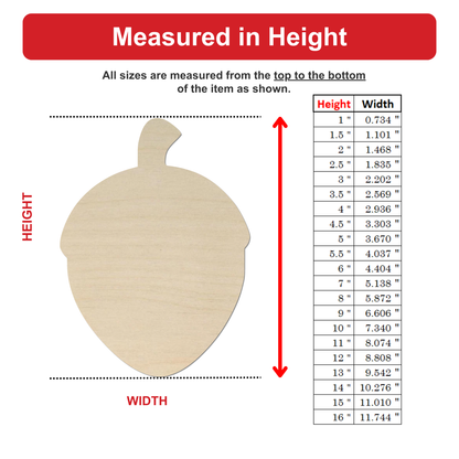The image is a wooden acorn with measurements listed below it.