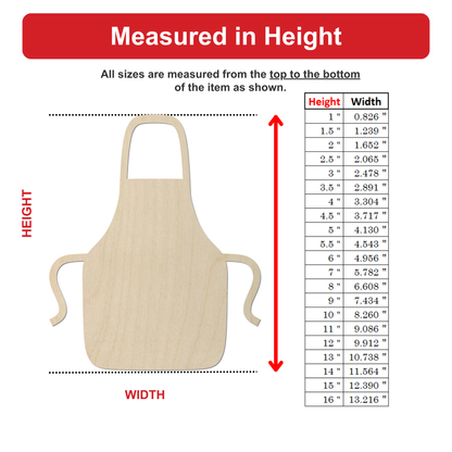 The image is a diagram that shows the measurements of an item, specifically the height and width of an apron. The height is measured from the top to the bottom of the item, while the width is measured from the top to the bottom of the item. The diagram includes a table with the corresponding height and width values, and a red arrow pointing to the height.