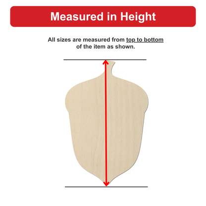 a wooden acorn with a red line extending from the top to the bottom of the acorn, indicating that all sizes are measured from top to bottom of the item shown.