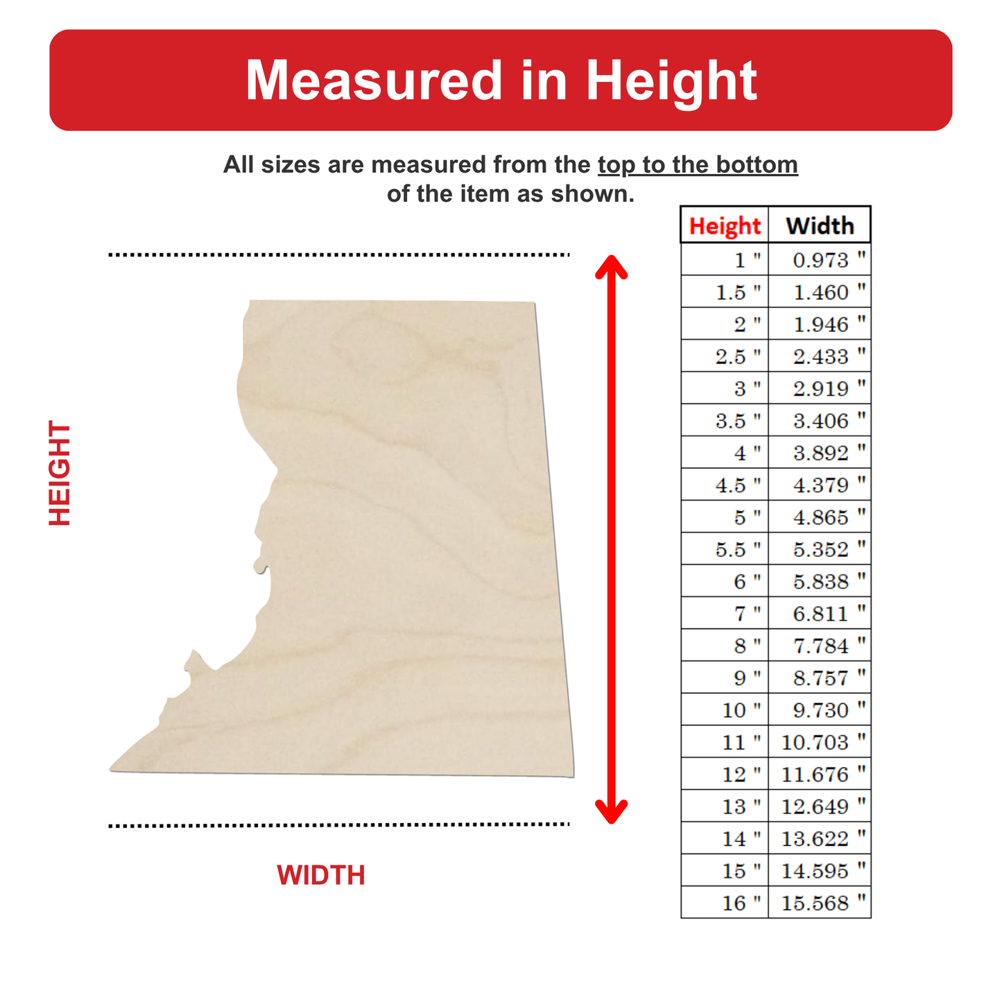 The image is a table with measurements of various sizes of an item, ranging from 1.5 to 16.5 inches. The table provides the corresponding widths for each size, with the widths ranging from 0.973 to 0.1565 inches. The table is organized in a tabular format, with the sizes listed on the left side and the corresponding widths on the right side.