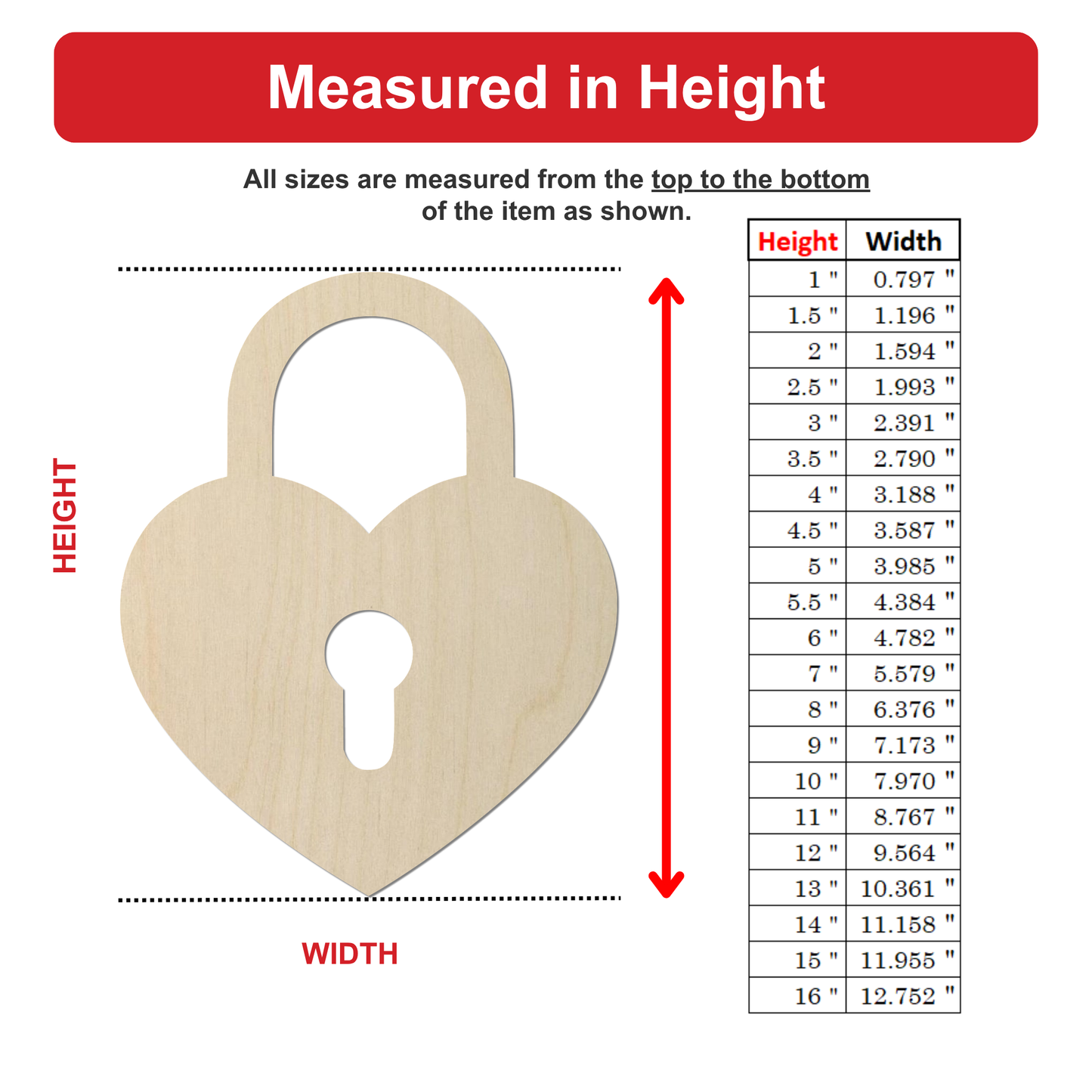 The image is a detailed diagram that provides measurements for a wooden heart-shaped object, along with a table of corresponding heights and widths.