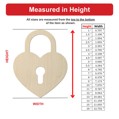 The image is a detailed diagram that provides measurements for a wooden heart-shaped object, along with a table of corresponding heights and widths.