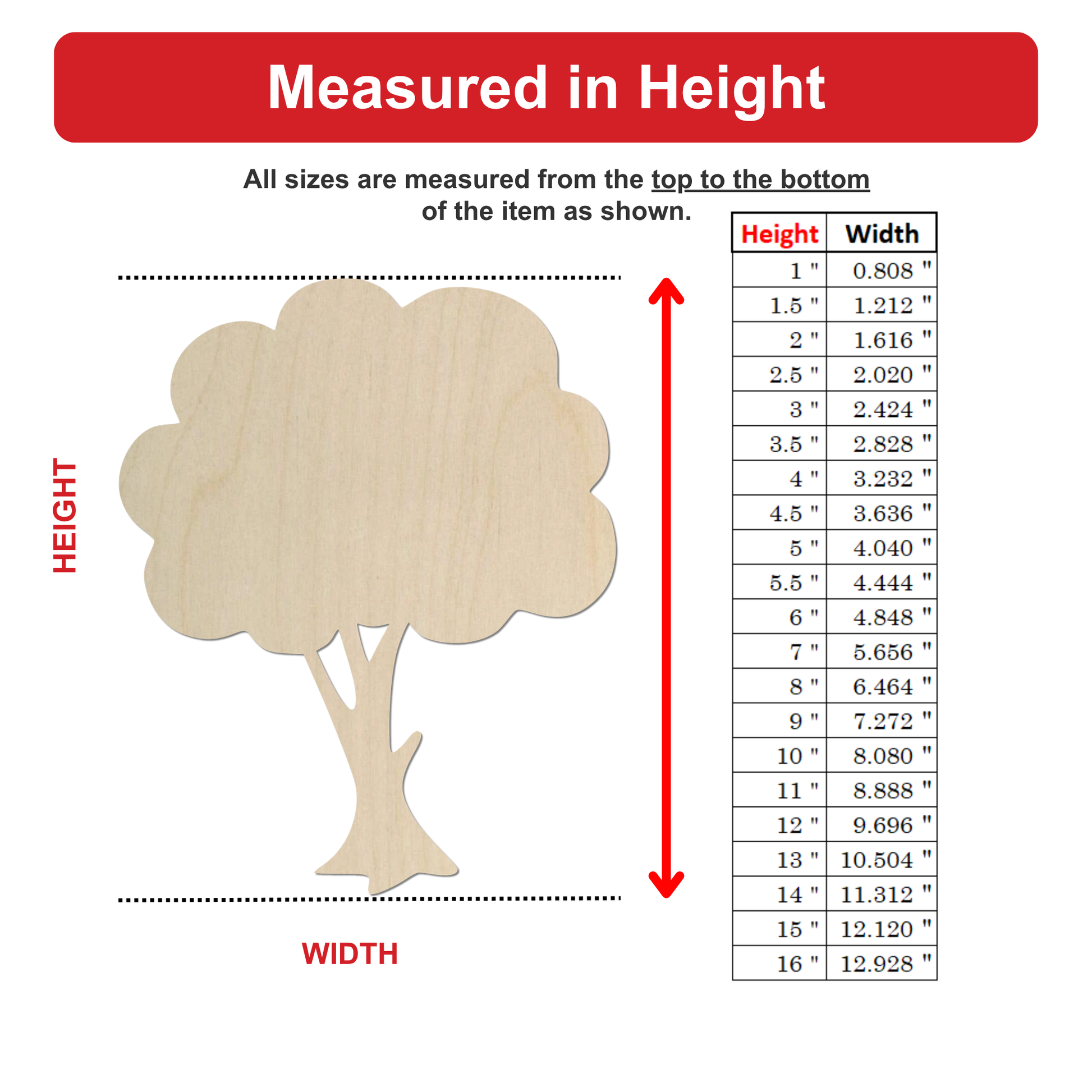 The image is a diagram that shows the height and width of a tree-shaped object, with the height measurements listed in inches and the width measurements listed in feet.