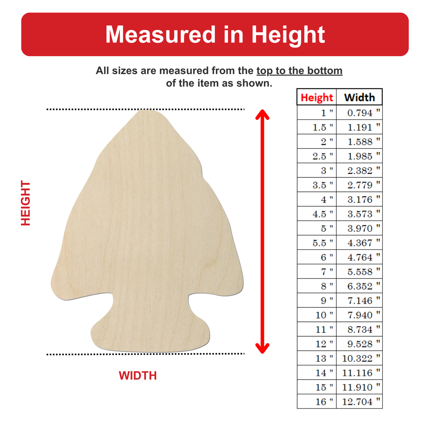 The image is a wooden arrowhead with measurements listed below it.