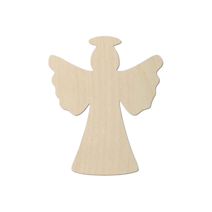 A wooden angel figure with outstretched wings is depicted in the image.