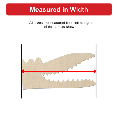 a wooden crocodile with its mouth open, and the text indicates that all sizes are measured from left to right of the item as shown.